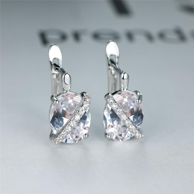 Cute Female Big Oval Stone Earrings Luxury Crystal Blue Purple Hoop Earrings Rose Gold Silver Color Wedding Earrings For Women