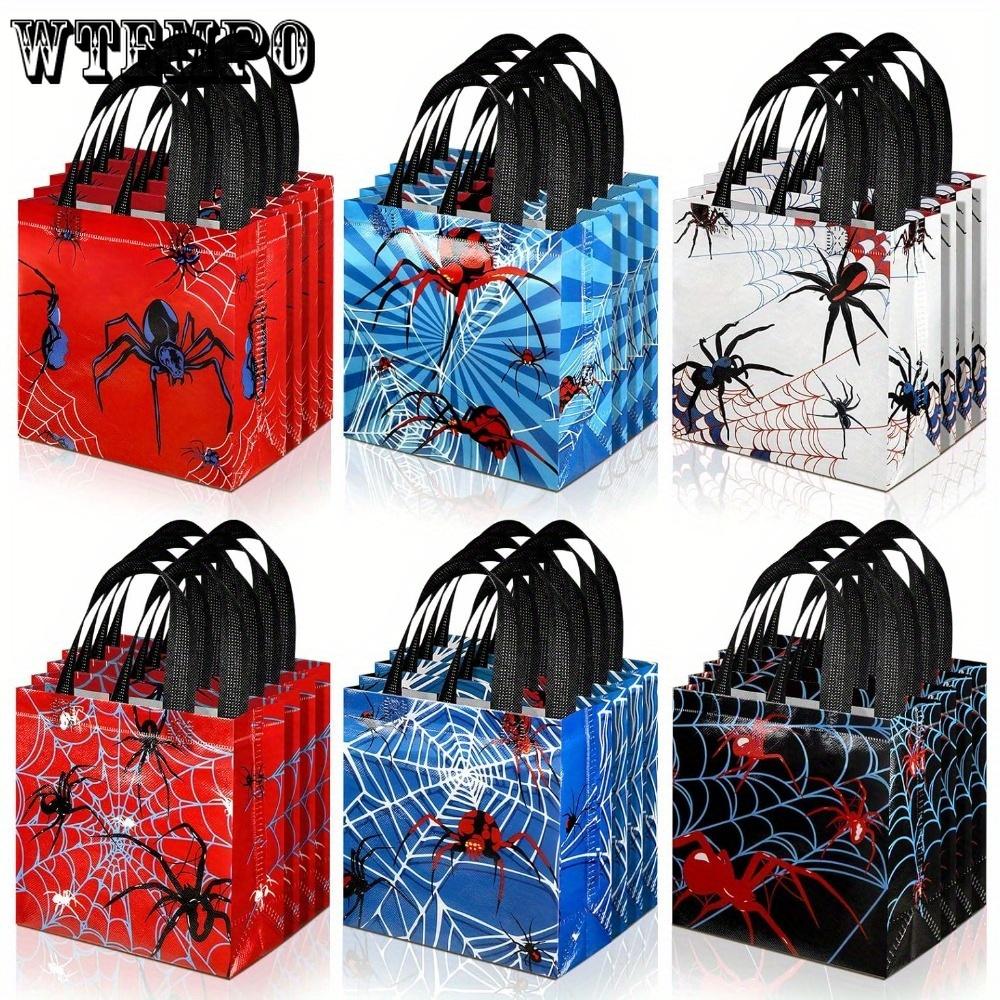 15pcs Spider Party Favor Bags Spider Web Goodie Bags Reusable Non-woven Bags Bulk with Handles for Halloween Party Supplies Spider Web Print Tote Bag