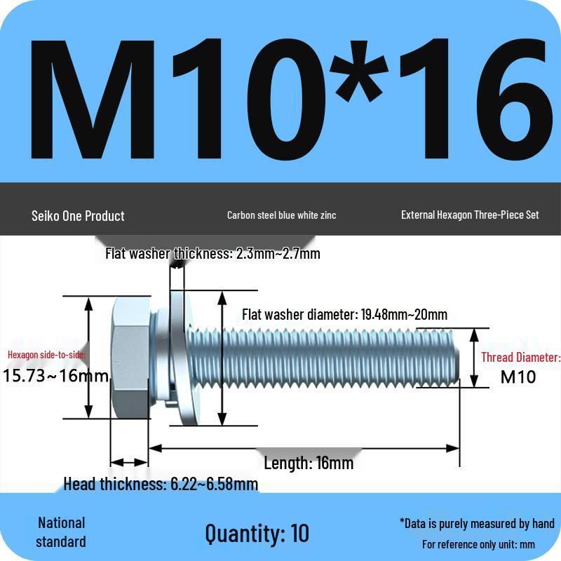 Grade 8.8 Galvanized Hex Bolt Set: Includes Hex Bolt, Spring Washer, Flat Washer (Sizes: M4, M5, M6, M8, M10, M12)