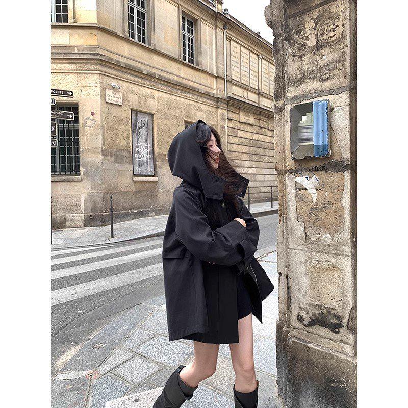 Women's British-Style Hooded Trench Coat: Autumn/Winter, Plus Size, Versatile, Trendy Loose-Fit Cape Design.