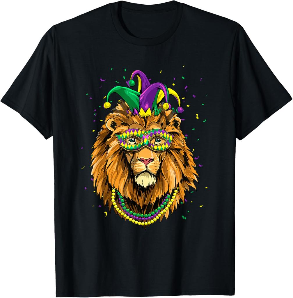 Lion Mardi Gras Mask Graphic Tee Breathable Short Sleeve T-Shirt Carnival Trip
