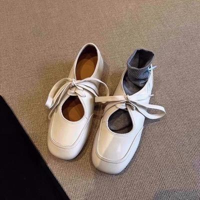 White Lace-up Flat-soled Single Shoes Women's 2025 Spring and Summer New Retro Square Head Flat-soled Skirt Comfortable Mary Jane Shoes