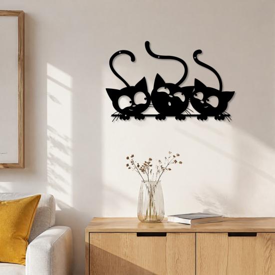 Cute Nursery Wall Decor Metal Black Cat Art, Cartoon Kitten Silhouette Decoration, Decorative Creative Lover Gifts Sculpture for Lovers, Minimalist