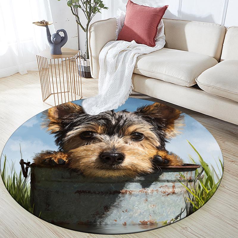 Yorkshire Terrier On the Grass Pattern Round rug,Carpet Rug for Living Room Bedroom Playroom Decor,Non-slip Floor Mat,Holiday Gifts and Birthday Gifts
