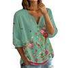 Women's Floral Print Henley Neck Button Front Shirt Three Quarter Sleeve Cotton Linen Blouse Casual Loose Fit