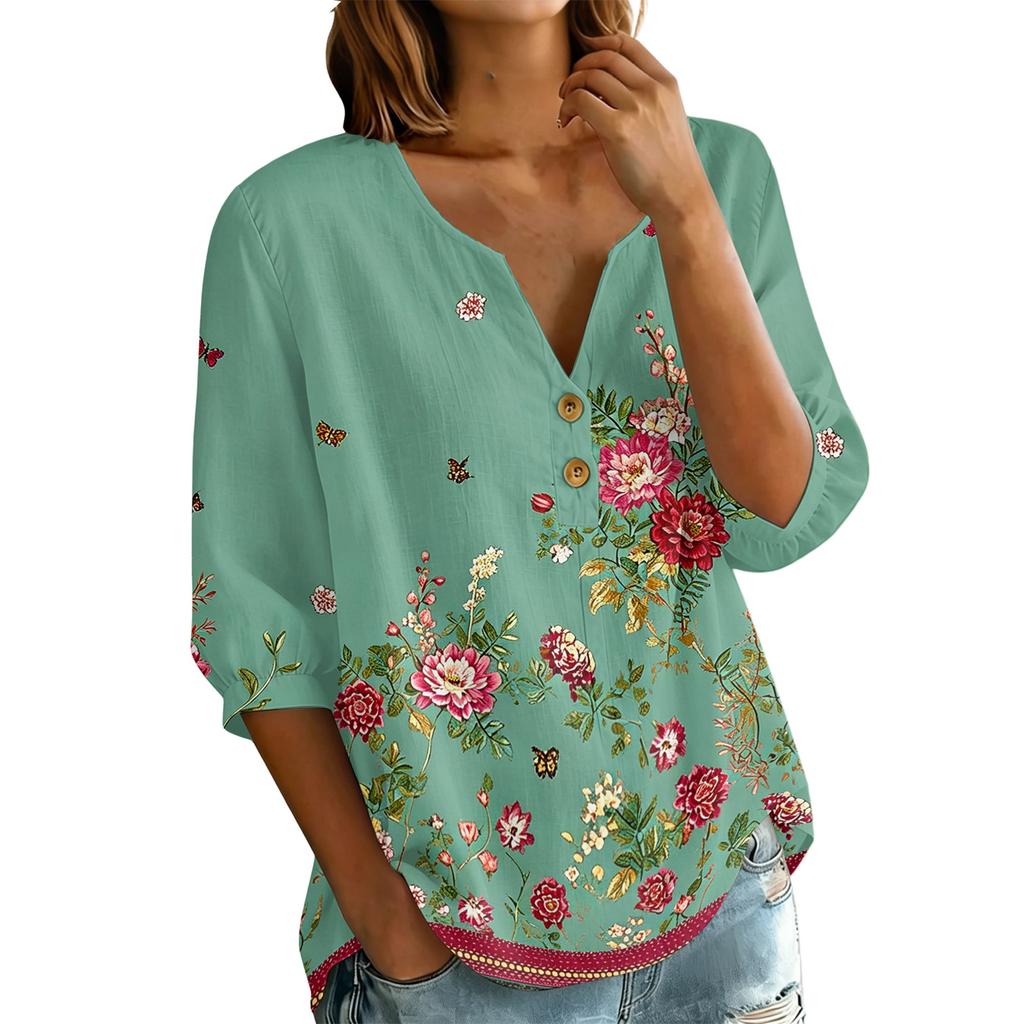 Women's Floral Print Henley Neck Button Front Shirt Three Quarter Sleeve Cotton Linen Blouse Casual Loose Fit