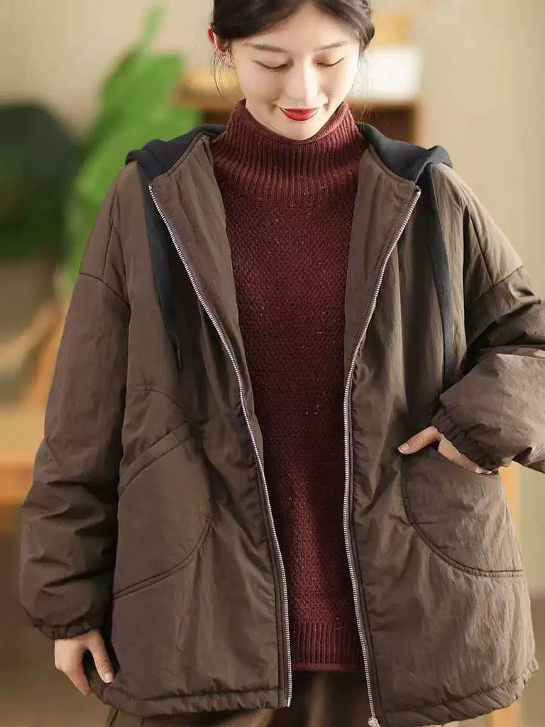 Johnature Women Vintage Winter Hooded Zipper Solid Color Coats Long Sleeve Pockets Female Casual Coats