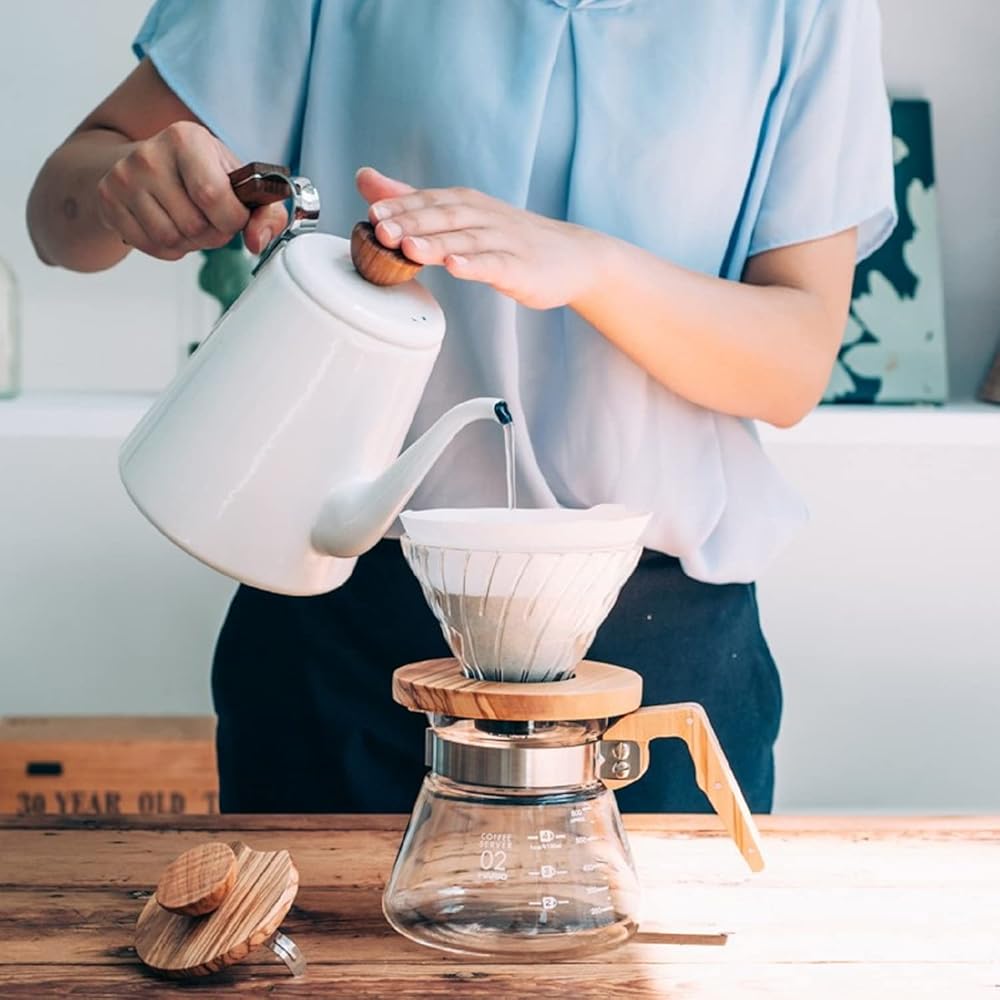 HARIO V60 Heat-Resistant Glass Coffee Dripper with Olive Wood Finish (02) for 1-4 Cups (VDGR-02-OV)