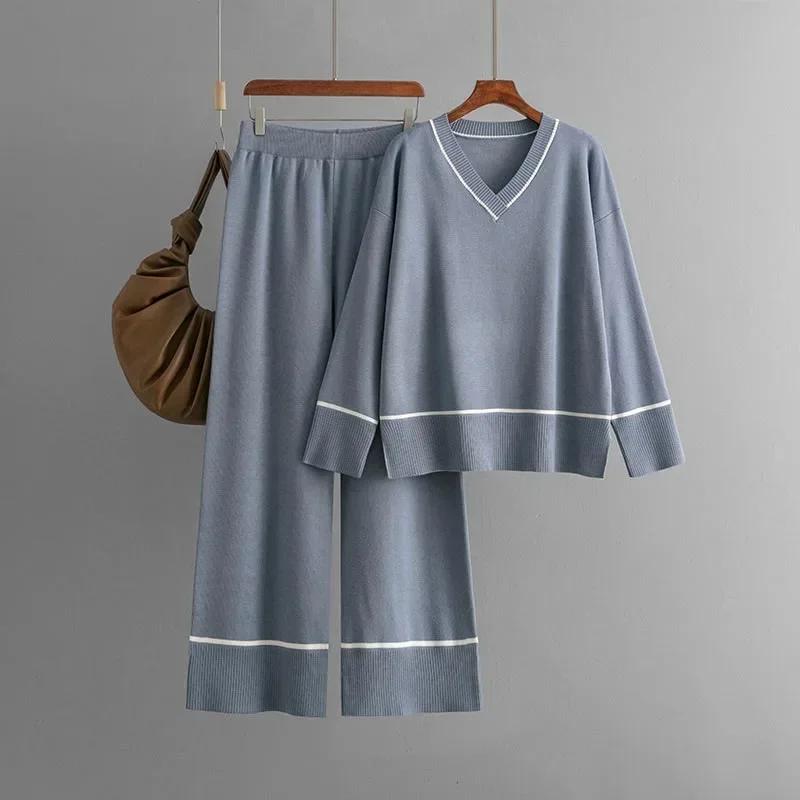 Circyy Knitted Sweater Women Pants Sets Patchwork Pullovers Wide Leg Trousers Autumn Winter New Two Piece Sets Womens Outifits