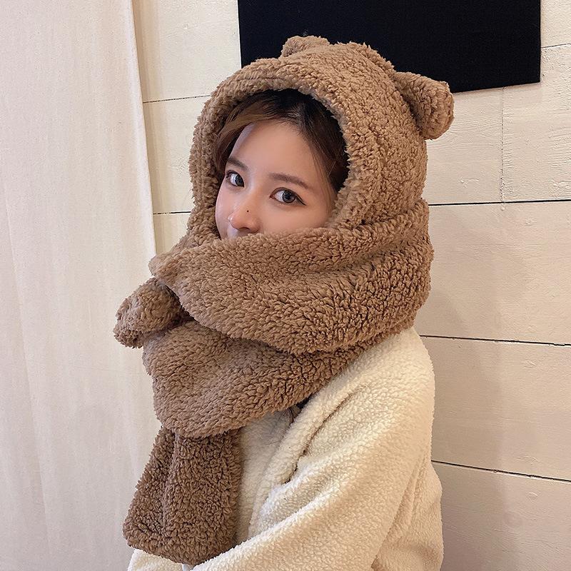 Conjunto de tres piezas de gorro, bufanda y guantes de oso grueso y lindo para mujer, cálido de felpa para otoño e invierno, gorro y bufanda integrados