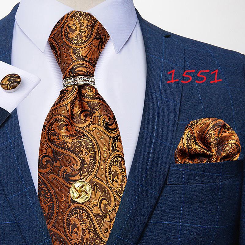 Dibangu Ties for Men Orange New Design Silk Tie Mens Necktie Hanky Cufflink Alloy Ring and Tie Tack Pin Set for Formal Party
