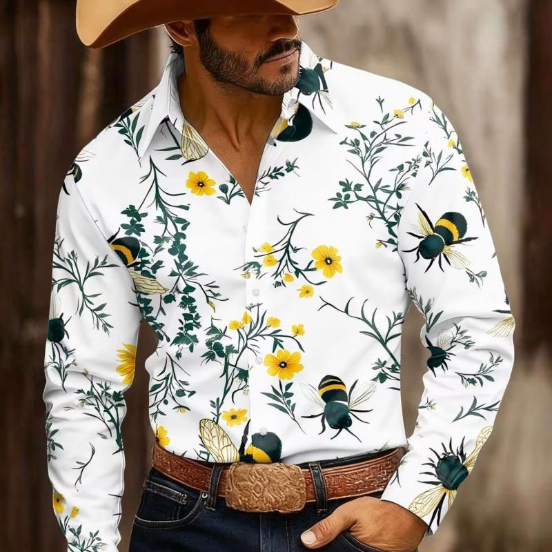 Men s Bee Floral Print Long Sleeve Shirt Fashion Slim Fit Button Down Casual Western Blouse Tops S