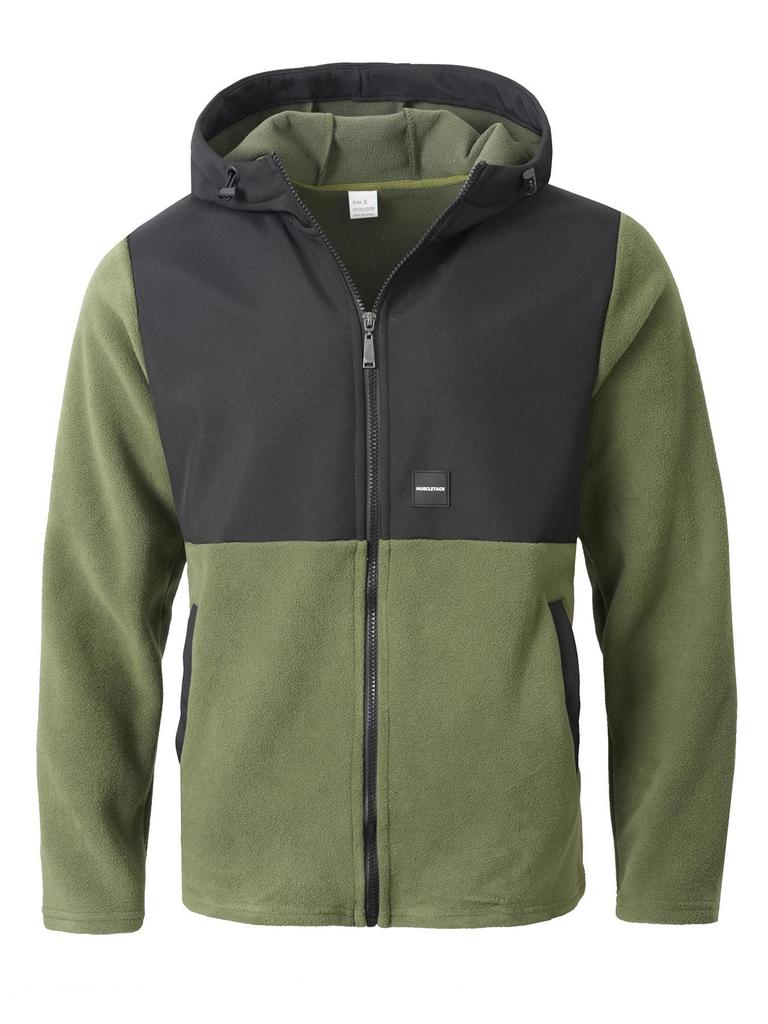 European Color Block Casual Letter Fleece Hooded Sweatshirt Jacket
