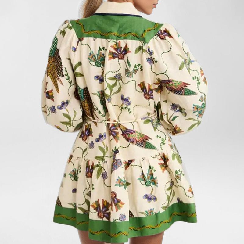 Frühling Herbst Cartoon-Print elegante Partykleider für Damen Mode Umlegekragen Langarm Gürtel Damen Mini-Kleid Lässiges figurbetontes Kleid