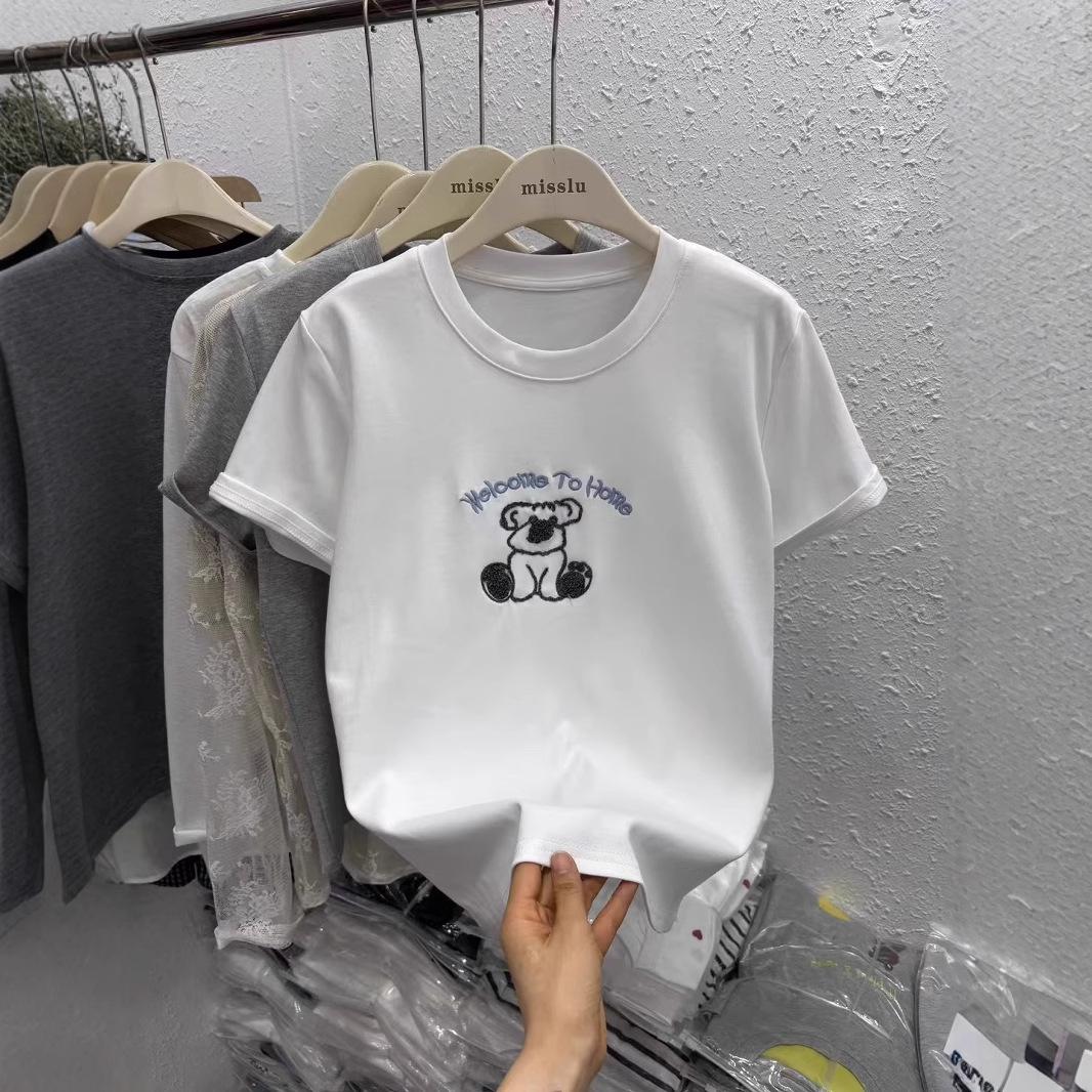 

2025 Spring European-Korean Fashion Cartoon Embroidery Round Neck T-shirt M