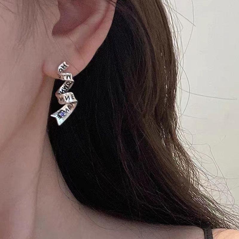 Chao Xiaobai 925 Sterling Silver Purple Zircon Ribbon Earrings for Women - Niche Luxury Fashion, Versatile Cool Style