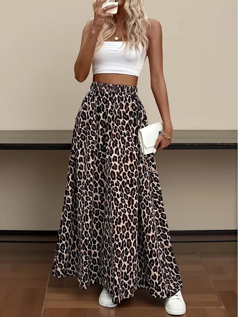 Elegant Leopard Print High-Waisted Skirt Women's Holiday Casual Long Dress