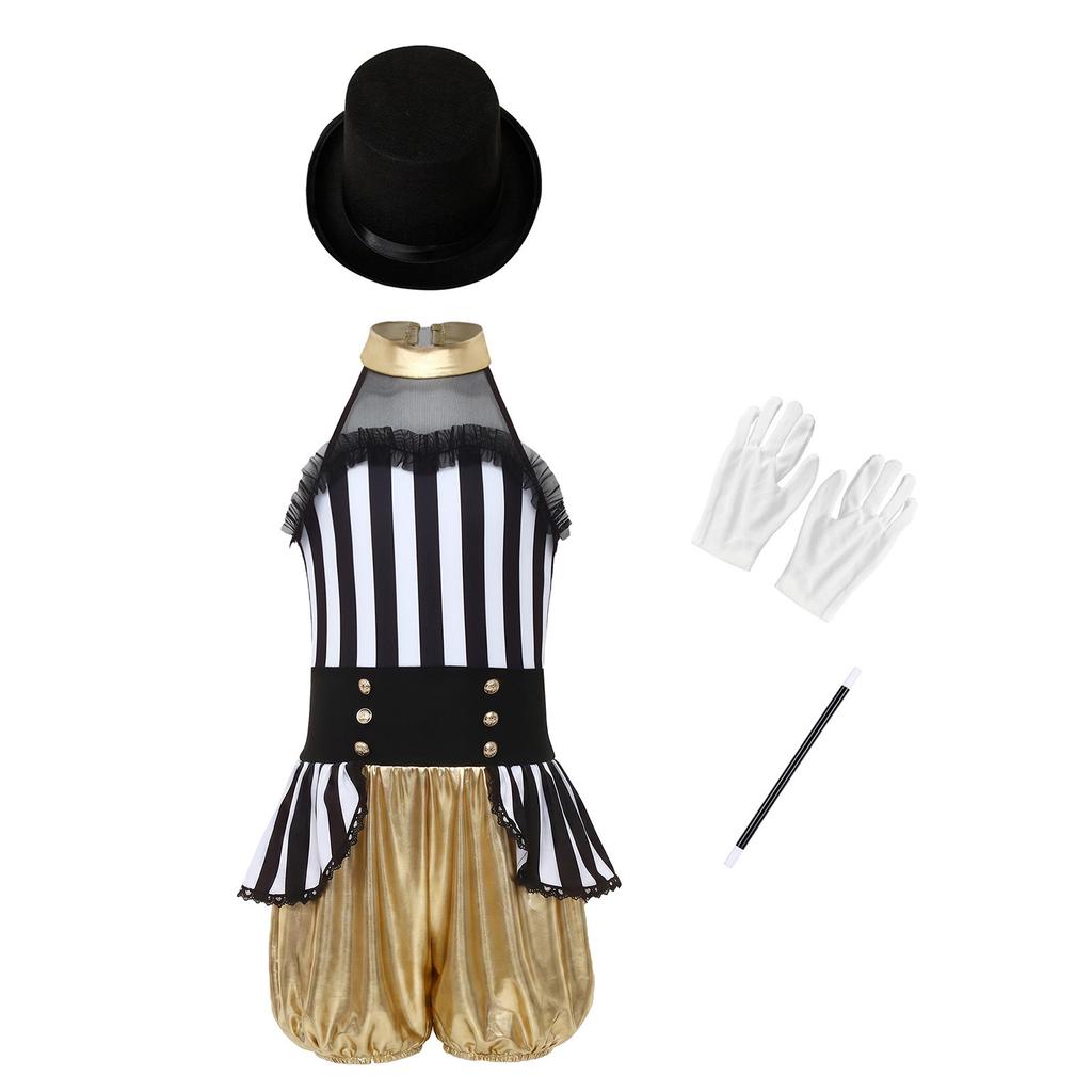 Girls Metallic Jumpsuit Sleeveless Patchwork Ringmaster Dress Up Set 4 Pieces Hat Wand Gloves