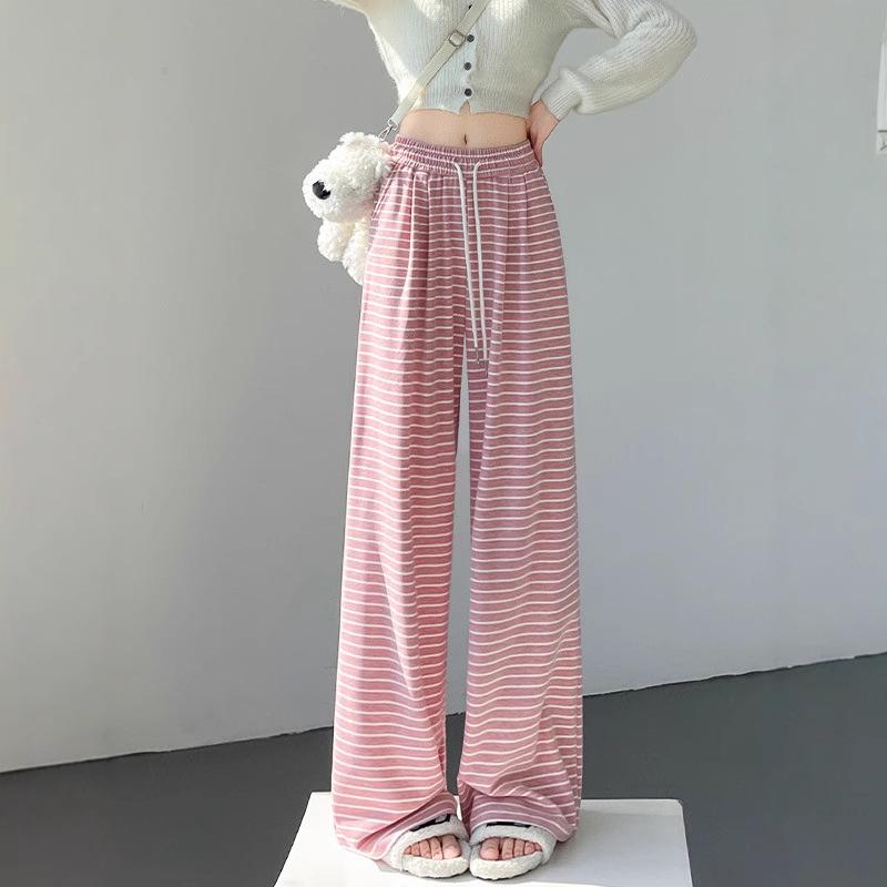2025 Women's Black Stripe High Waist Wide Leg Pants - Spring/Autumn, Slimming & Casual