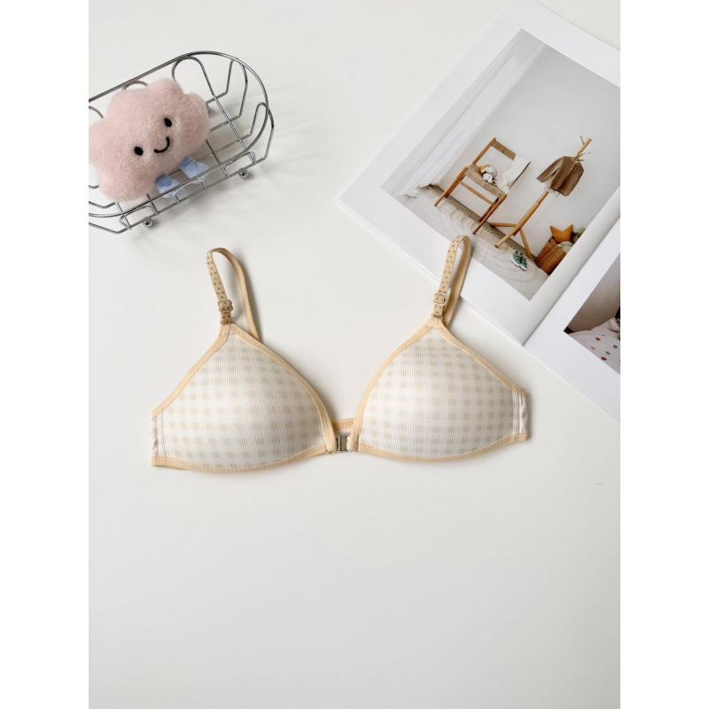 Japanese Girls Plaid Contrasting Color Front Buckle Underwear Women's No Steel Ring Small Breasts Gather and Show Big Upper Support Sub-breasts Bra