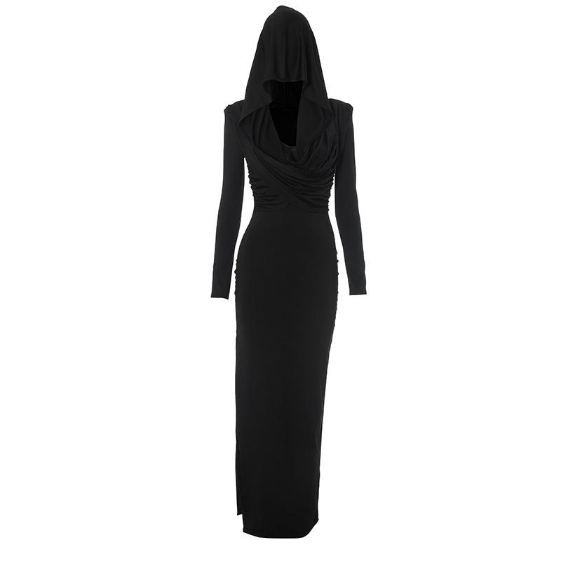Women's Autumn Fashion Solid Color One-piece Cap Long Sleeve Side Slit Dress Long Dress