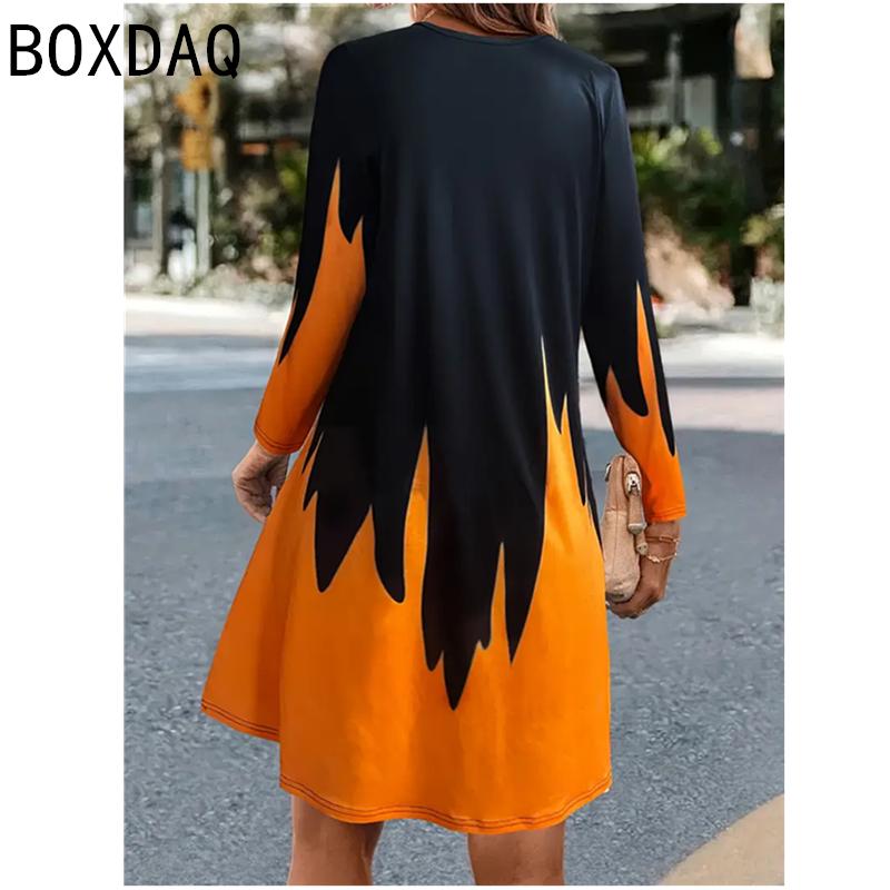 Large Size Women Casual Dress Autumn Long Sleeve O-neck Loose Mini Dress 3D Vintage Gradient Multi Color Printed A-Line Dress