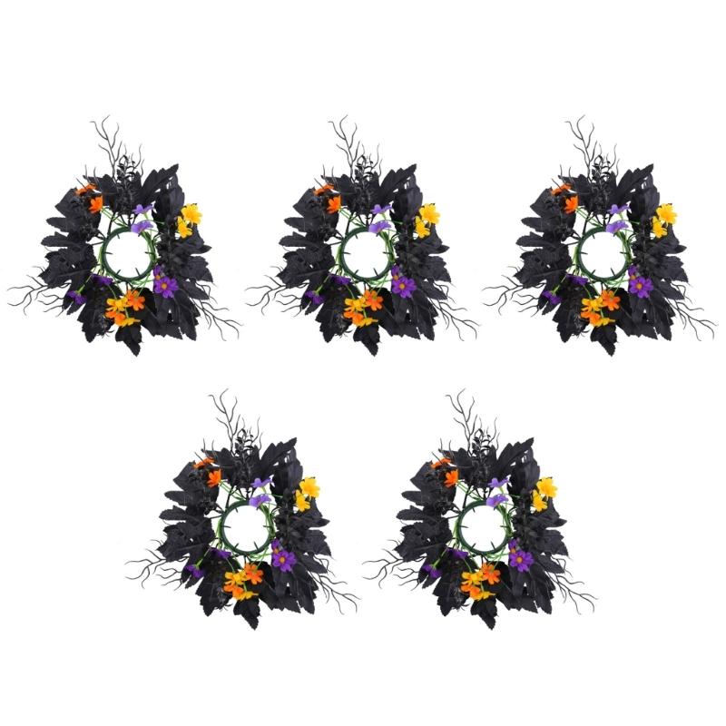 

Colorful Flower Candle Wreaths Pack of 5 Tealight Candle Holders Rings for Halloween Parties Table Centerpieces Decors