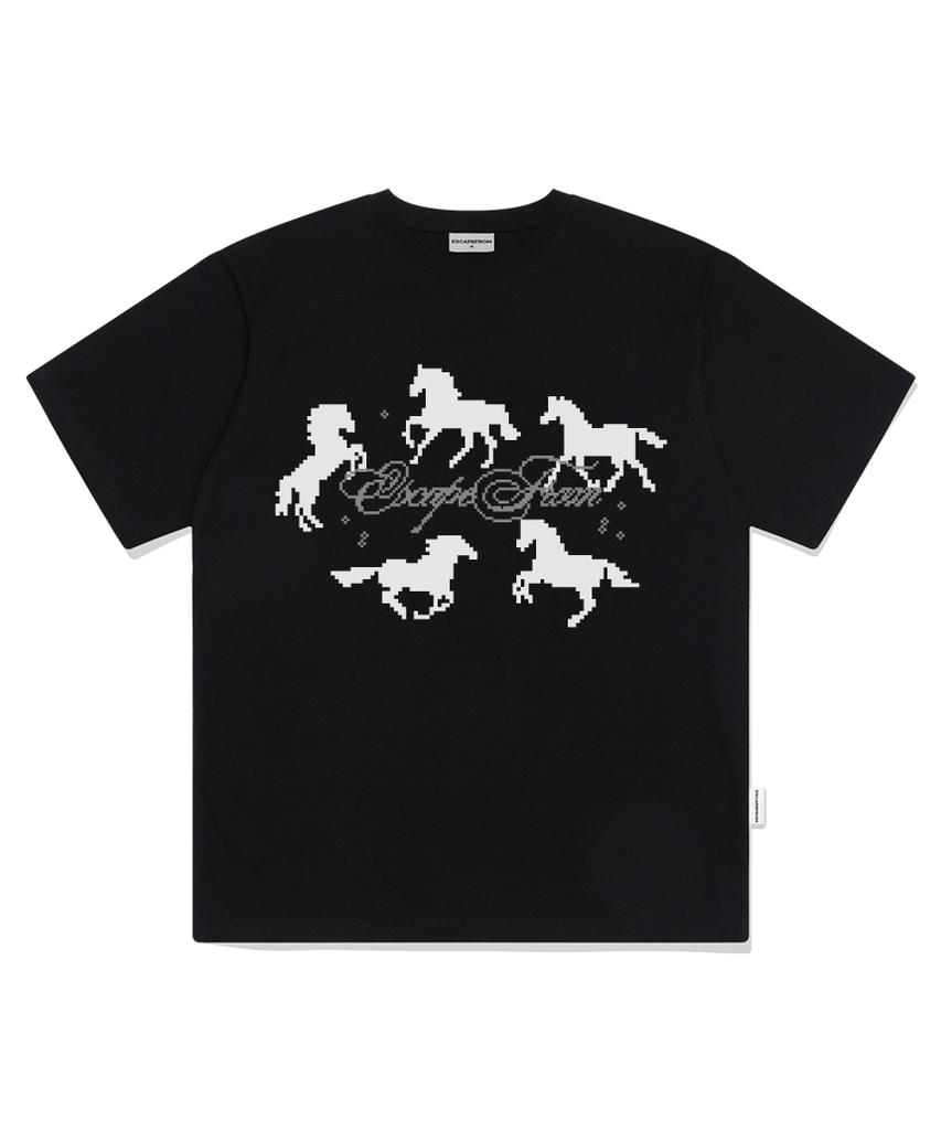 ESCAPEFROM Around Horse Print Oversized Short Sleeve T-Shirt White