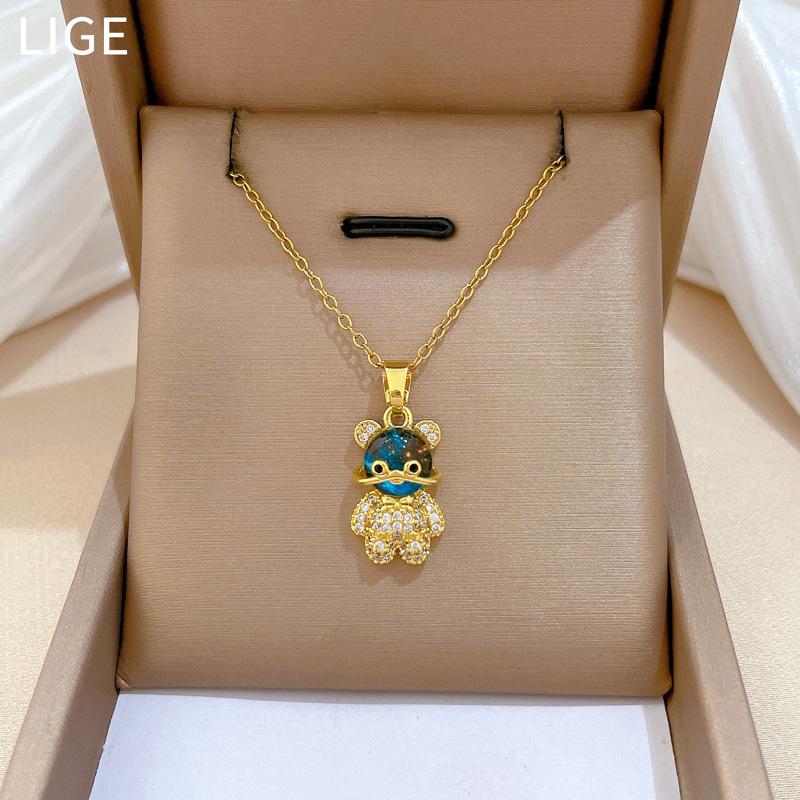 Titanium Steel, Starry Sky Three-Dimensional Bear Light Luxury Temperament Gorgeous Full Diamond Necklace Female Versatile Collarbone Chain