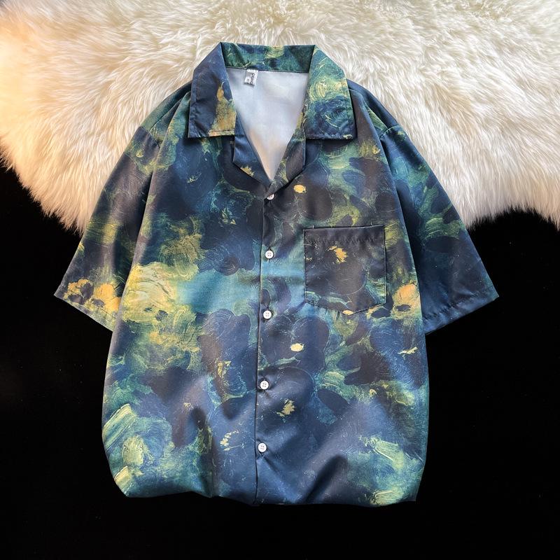 Unisex Vintage Kubakrage Blomsterskjorte - Løs passform, Hong Kong-stil, Kort erm, Perfekt for strand og par