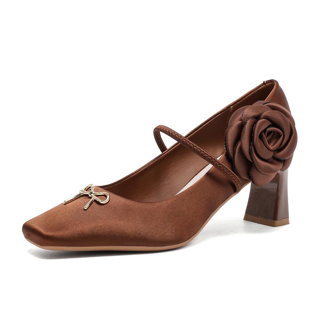 6408 High Heels Women's Thick Heels Women's 2025 New Square Head Mary Jane Shoes French Light Mouth Flower Single Shoes