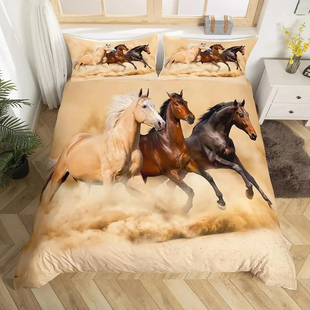 Horse Duvet Cover Animal Bedding Set for Boys Teens Western Cowboy Sunset Scenery Double Queen King Size Polyester Qulit Cover