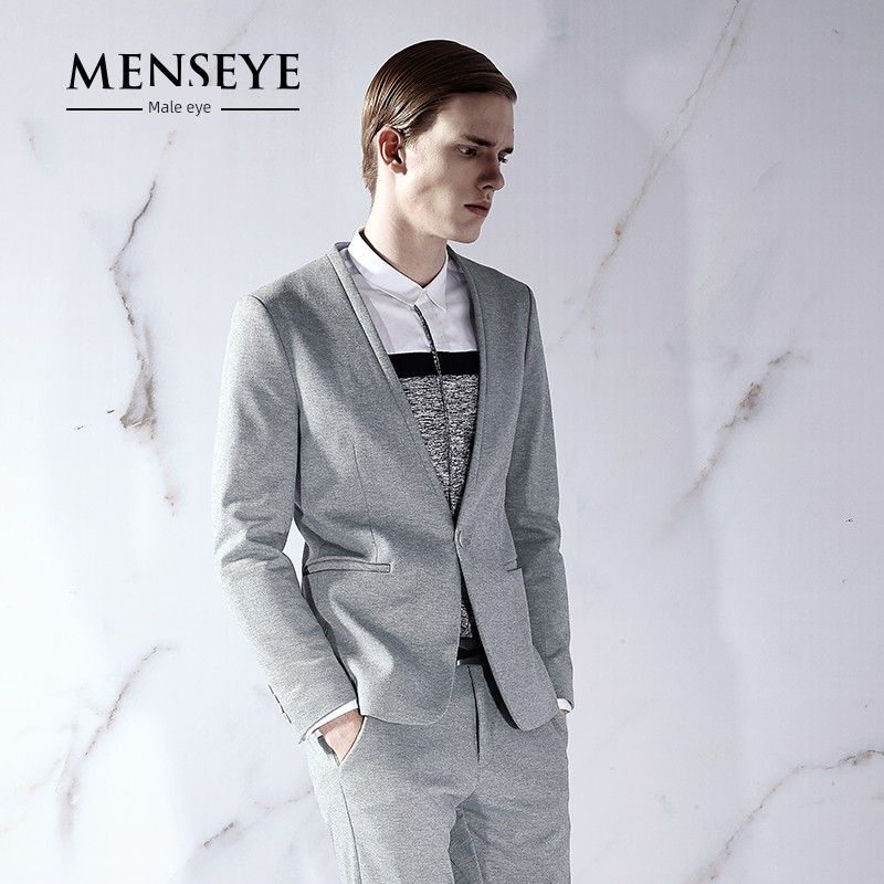 Menseye Men's Autumn Gray Collarless Youth Suit, Fashionable Literary Casual Suit for Men