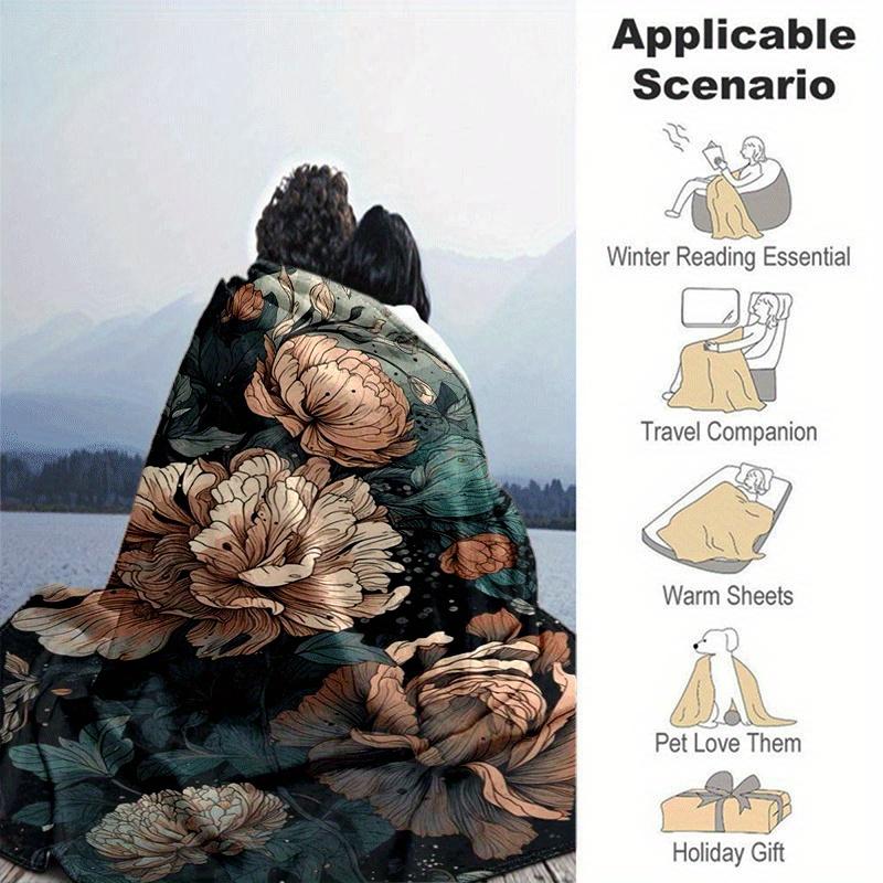 1pc Peony Printing Lightweight Flannel Blanket, Comfortable and Warm Blanket, for Camping Sofa Bed and Couch Office, Gift