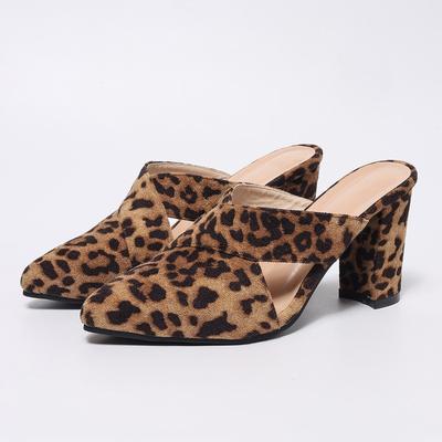 Fashion Women Leopard Heels Slippers Summer Fashion Suede Cross Strap High Heels Big Size Ladies Elegant Pointed Toe Slingback Sandals