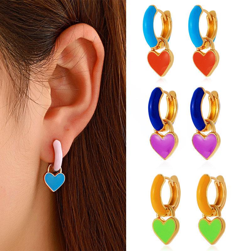 

Drop Oil Love Heart Circle Ear Buckle Earring Fashion Women Rainbow Cute Oil Dropping Heart Pendant Earrings Party Jewelry Gifts