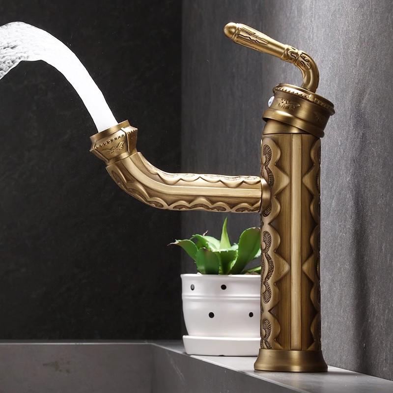 Antique Carved Bathroom Faucet Brass Basin Faucet Bathroom Basin Faucet Copper Tap Rotate Hot & Cold Water Mixer Tap Crane