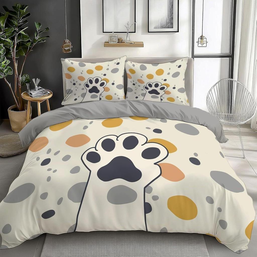 Dog Paw Print Duvet Cover Set Queen Size, Bone Pattern Bedding Set 3pcs For Kids Teens Room Decor, Pet Animals Comforter Covers