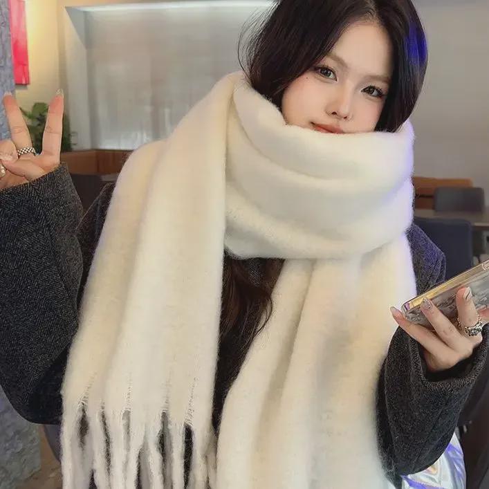 2024 Winter White Thick Solid Color Scarf for Girls - Korean Style, Versatile Student Shawl