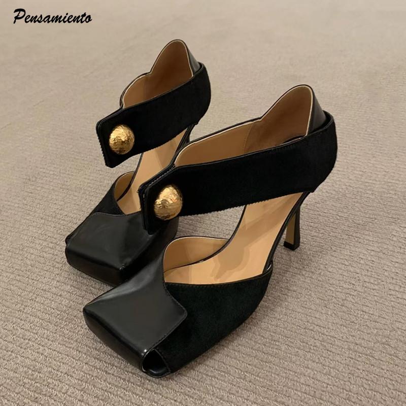 Fashion Vintage Square Toe Patchwork Leather Women Pumps Fashion Spring Autumn Mary Janes Horsehair Stiletto High Heels Party Prom Shoes