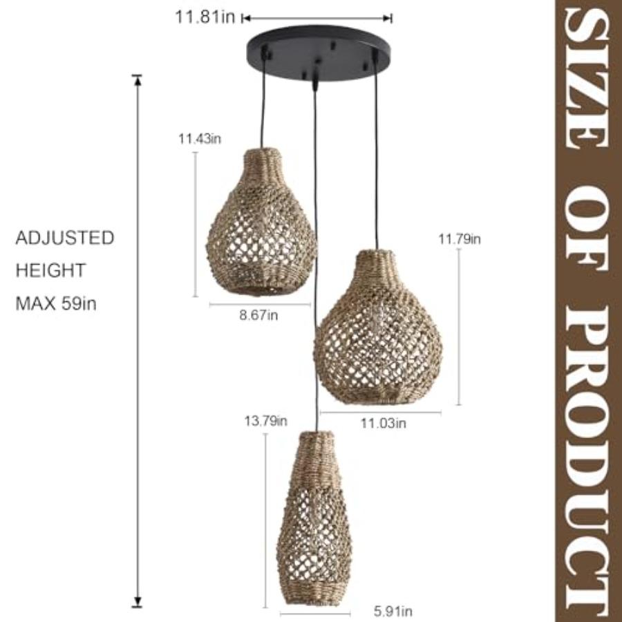 3-Lights Rattan Pendant Light Fixture Boho Hand Woven Wicker Seagrass Farmhouse Ceiling Hanging Lighting in Natural Color for K
