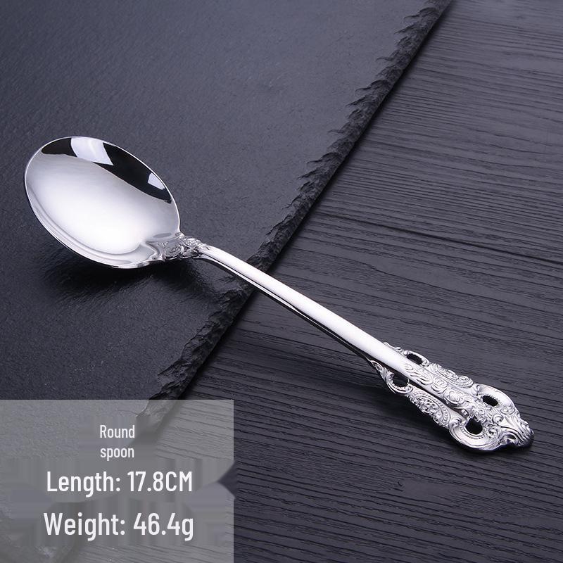European Retro Stainless Steel Embossed Cutlery Set: Steak Knife, Fork, Spoon, Cake Fork, Dessert Fork, Soup Ladle