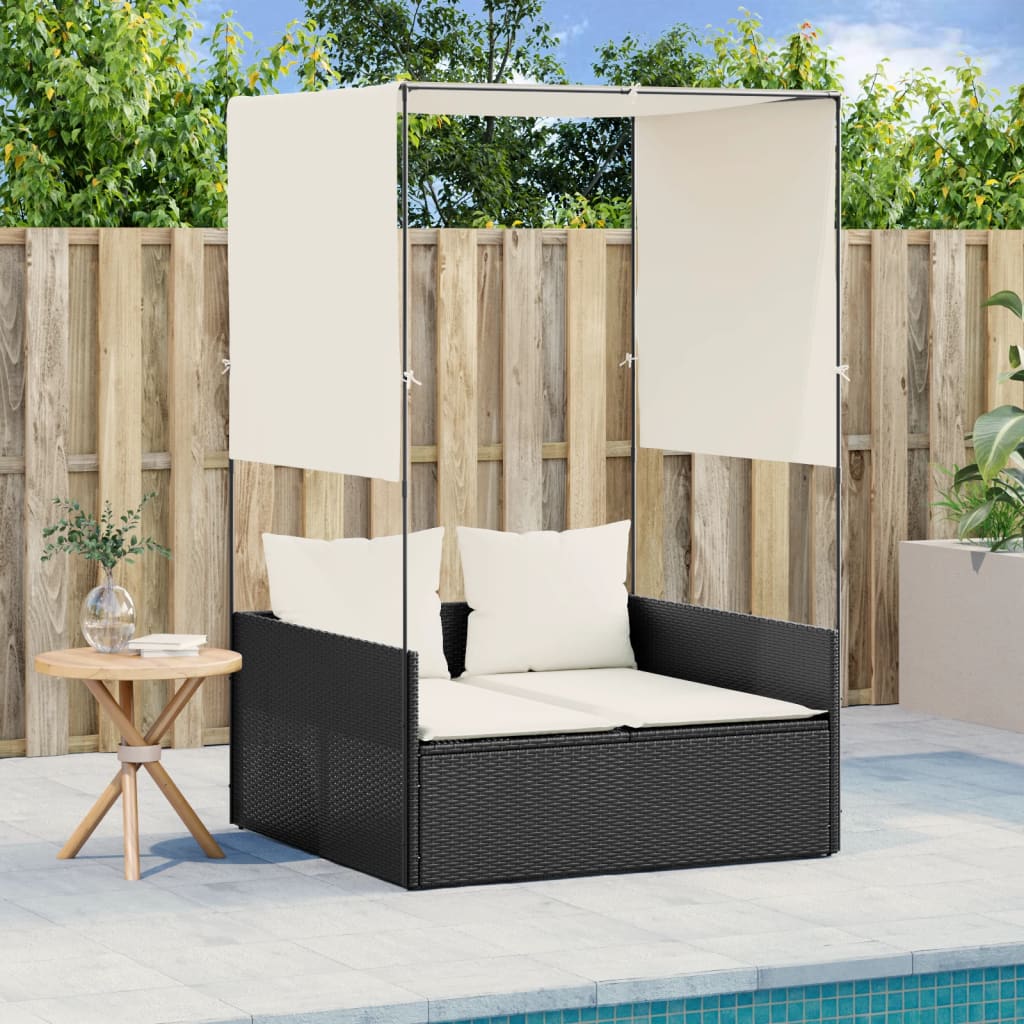 Double Sun Lounger with Canopy and Curtains Black Poly Rattan