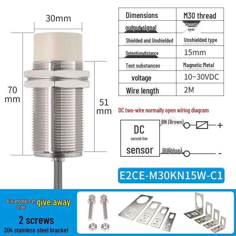 Waterproof Inductive Proximity Switch, Two-Wire, M8/M12/M18/M30, NPN NO/PNP NC