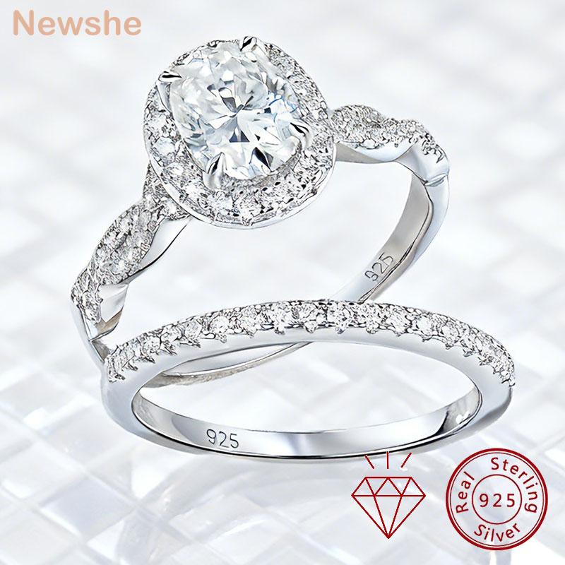 

Newshe 925 Silver D VVS1 Full Moissanite Wedding Rings Set for Women Halo Oval Cut Engagement Ring 5
