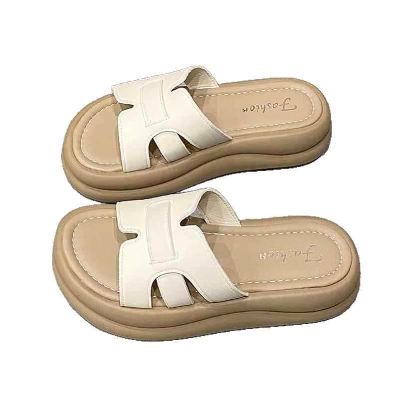 Thick-soled one-word slippers for women's summer wear 2025 new models with skirts French casual seaside beach sandals