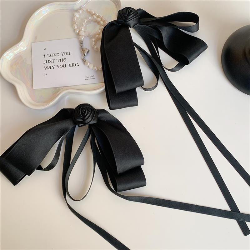Black Camellia Bow Ribbon Hairpin French Hair Clip Women Girly High-End Elegant Hair Up Top Clip Mourning Funeral Hair Accessory
