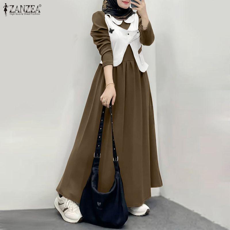 ZANZEA Damen Freizeit Rundhals Langarm Locker Patchwork Langkleid