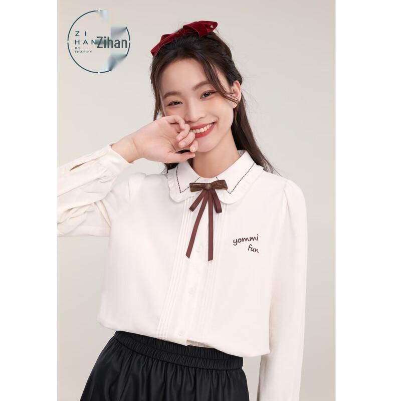 ZIHAN Women s Peter Pan Collar Ruffle Edge Cotton Long Sleeve Shirt with Detachable Brooch M