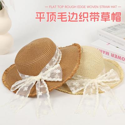 Summer New Lace Bow Straw Hat Flat Top Sunscreen Women's Outdoor Big Brim Sun Hat Sweet Streamer Hat